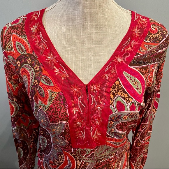 ALC Argyle Paisley Print 100% Rayon Bead Sequin V Neck Long Sleeve Blouse Small - Picture 2 of 14